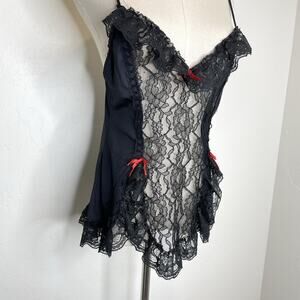 Vintage Duet Black Lace Babydoll Lingerie Womens Medium Red Bow Goth Vamp